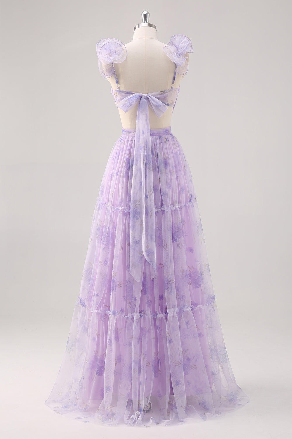 Lavender Floral A Line Pleated Tulle Long Bridesmaid Dress