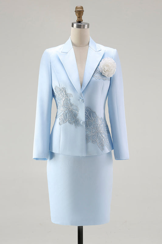 Blue 2-Piece Satin Mother of the Bride Dress With Embroidery