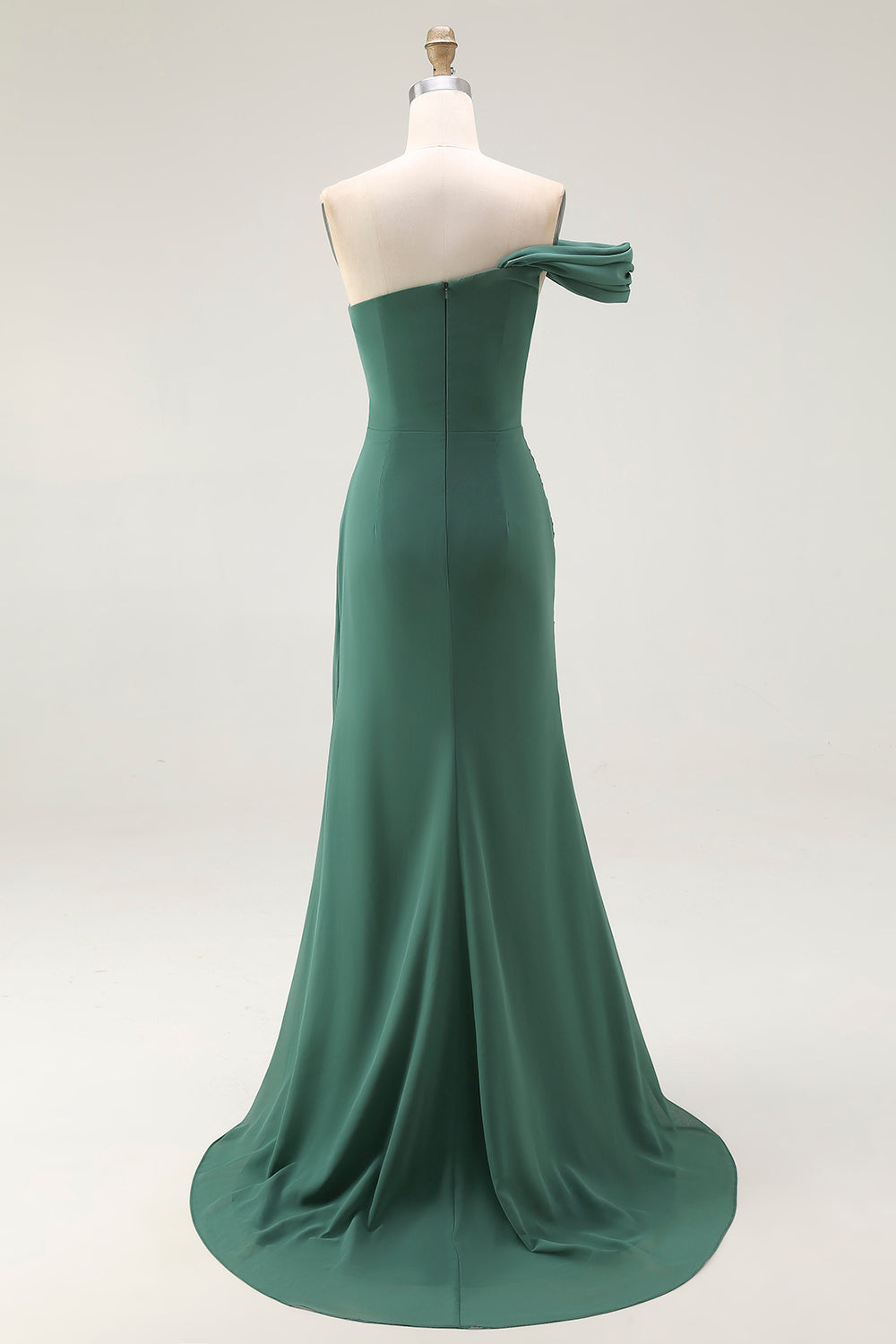 One Shoulder Mermaid Pleated Dark Green Long Formal Dress