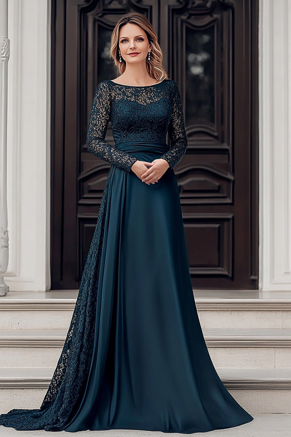 Navy A-Line Scoop Lace Mother of the Bride Dress With Long Sleeves