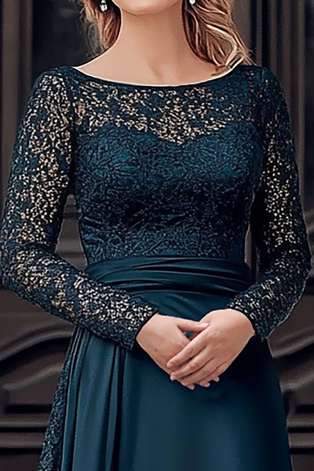 Navy A-Line Scoop Lace Mother of the Bride Dress With Long Sleeves