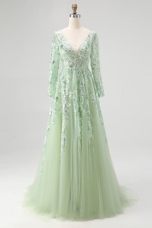 Sparkly Dusty Sage Sequin A-Line Prom Dress with Long Sleeves