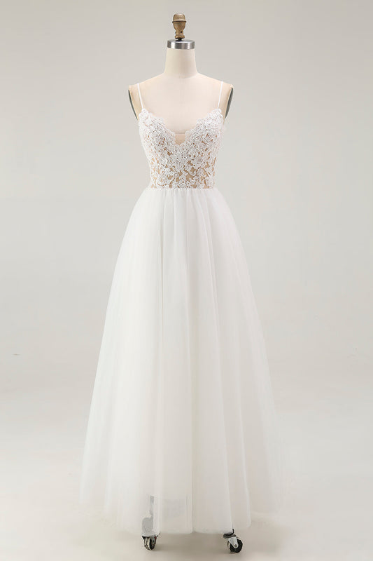 White A Line Spaghetti Straps Engagement Dress With Lace
