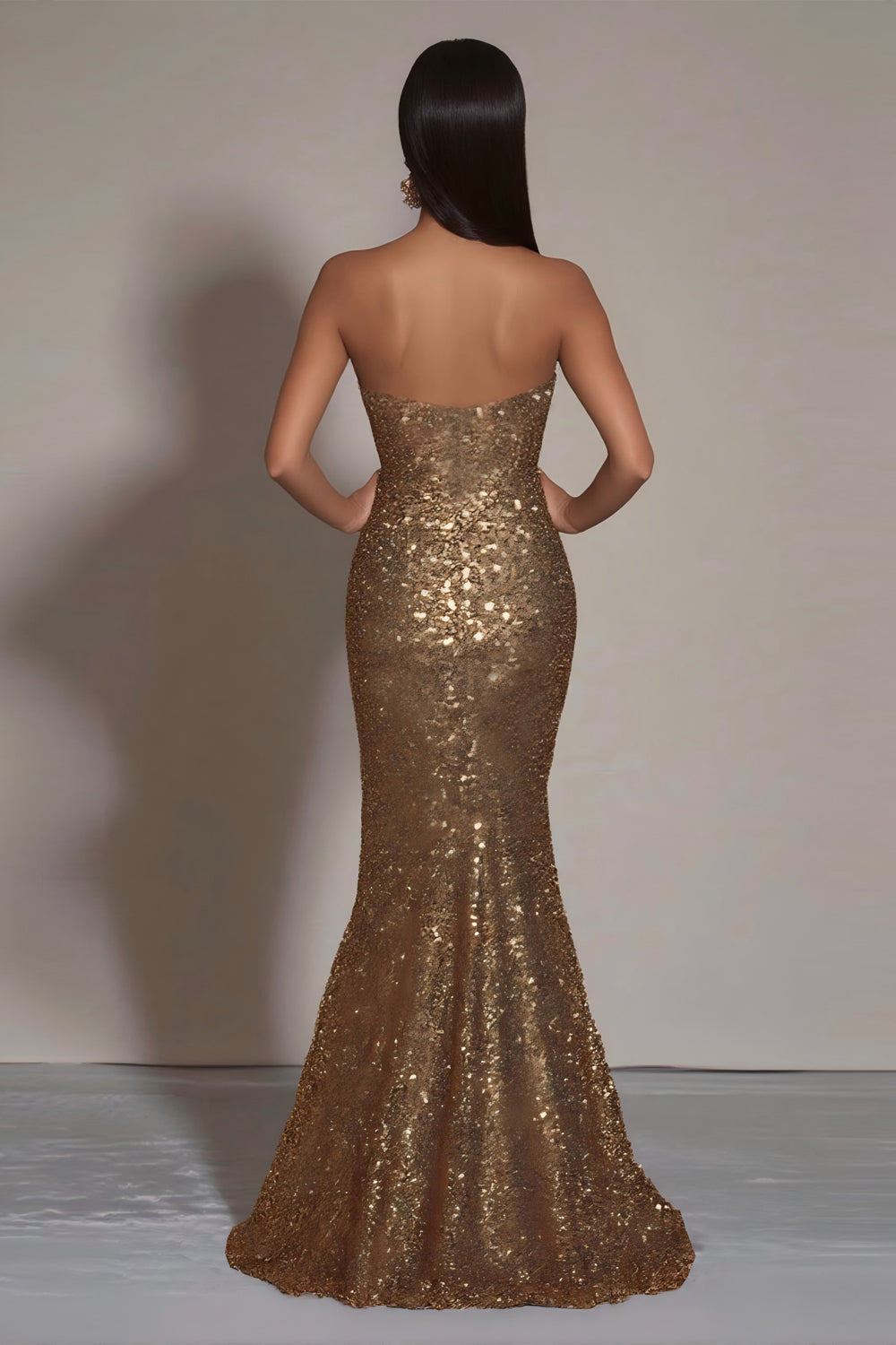 Sparkly Strapless Mermaid Gold Formal Dress With Slit