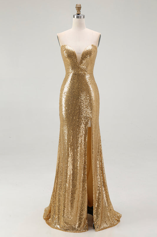 Sparkly Strapless Mermaid Gold Formal Dress With Slit