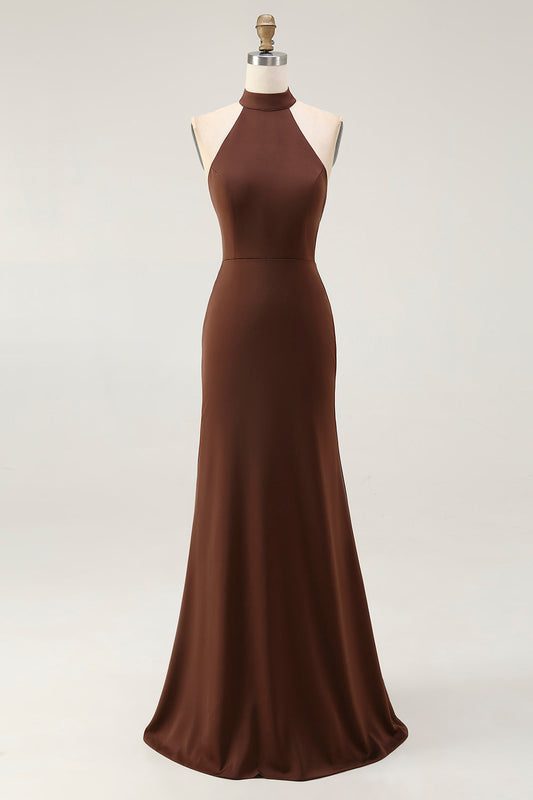 Mermaid Halter Coffee Open Back Long Formal Dress