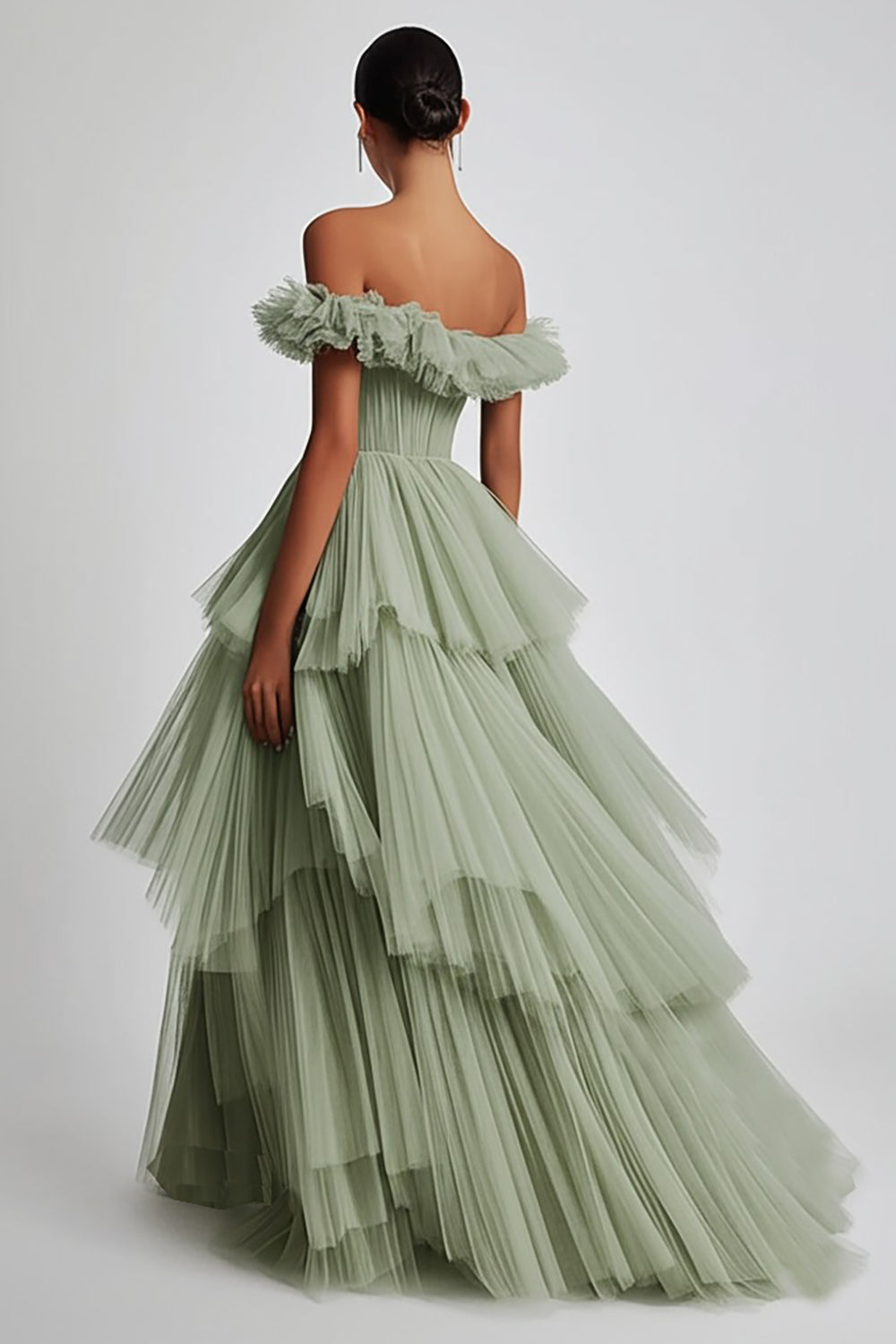 Dusty Sage Off The Shoulder A Line Ruffle Long Prom Dress