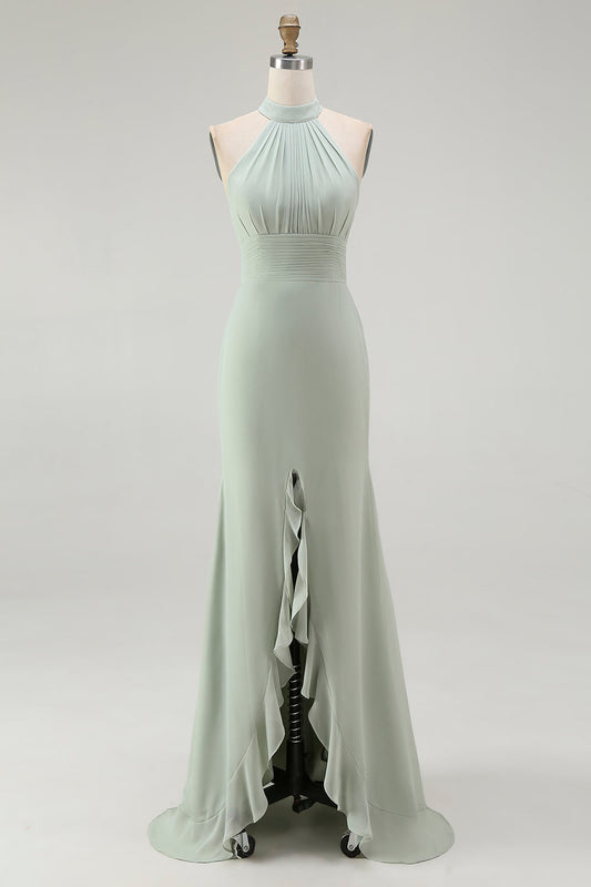 Dusty Sage Halter Mermaid Chiffon Bridesmaid Dress With Ruffles