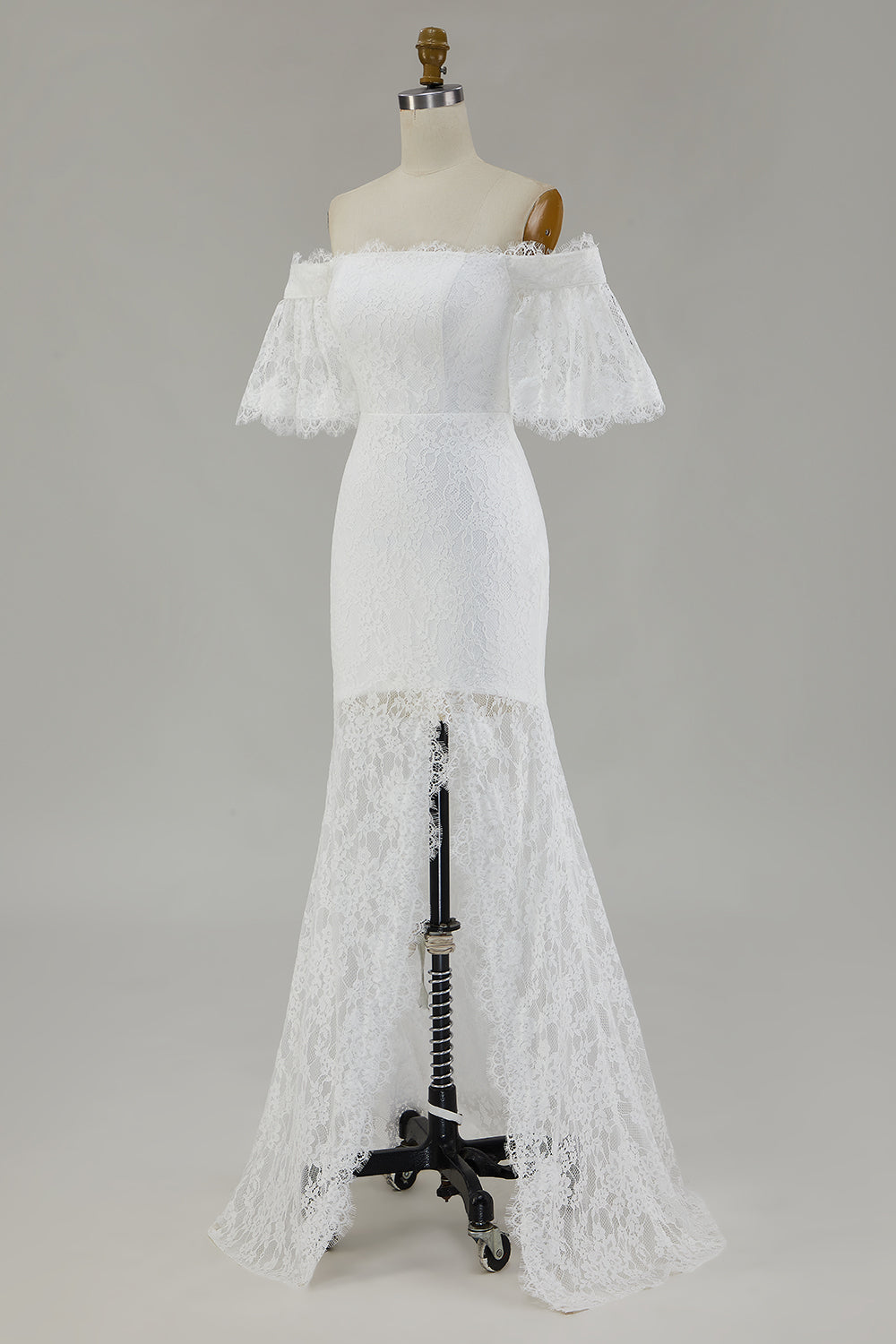 White Off the Shoulder Sheath Lace Wedding Dress With Slit