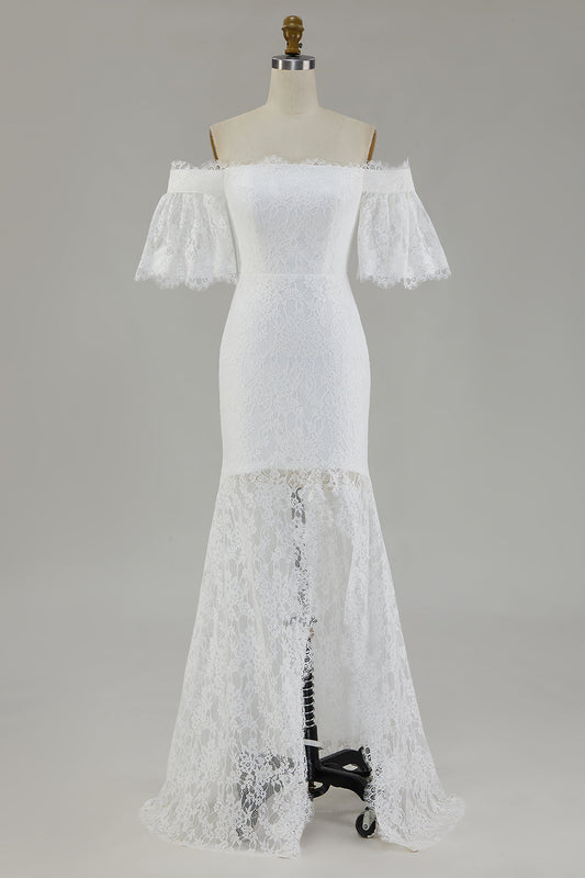 White Off the Shoulder Sheath Lace Wedding Dress With Slit