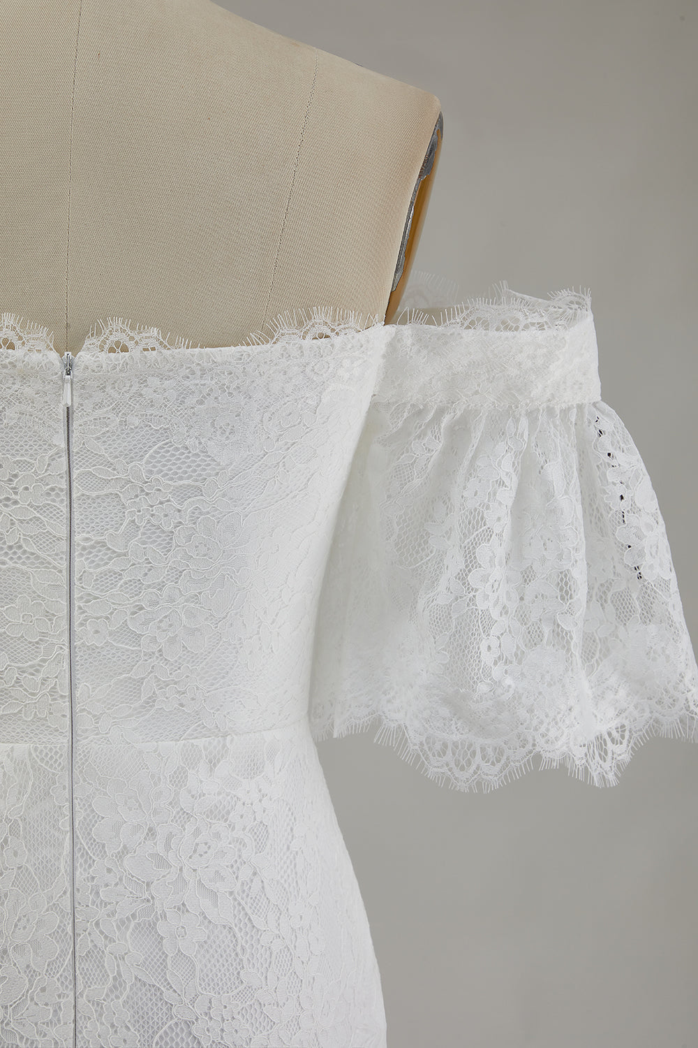 White Off the Shoulder Sheath Lace Wedding Dress With Slit