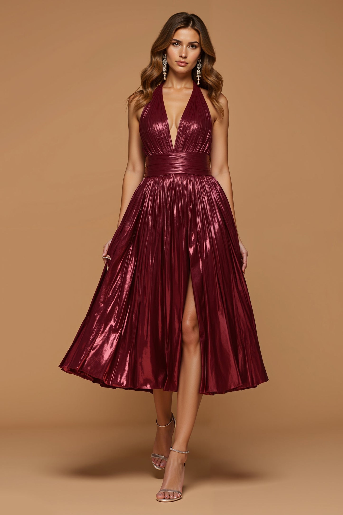 Sparkly Burgundy Metallic Halter A Line Holiday Party Dress With Slit