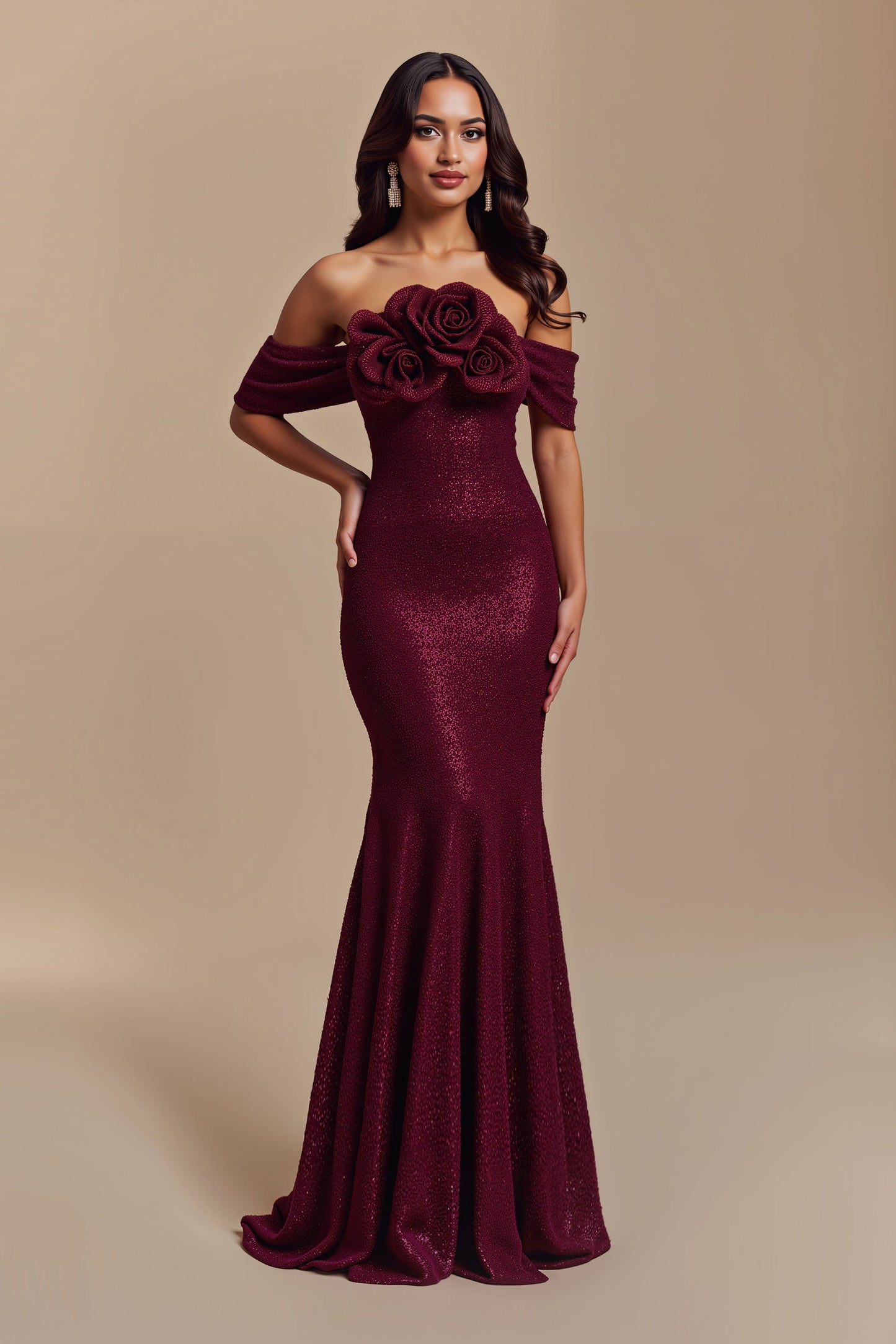 Sparkly Burgundy Mermaid Floral Long Holiday Party Dress