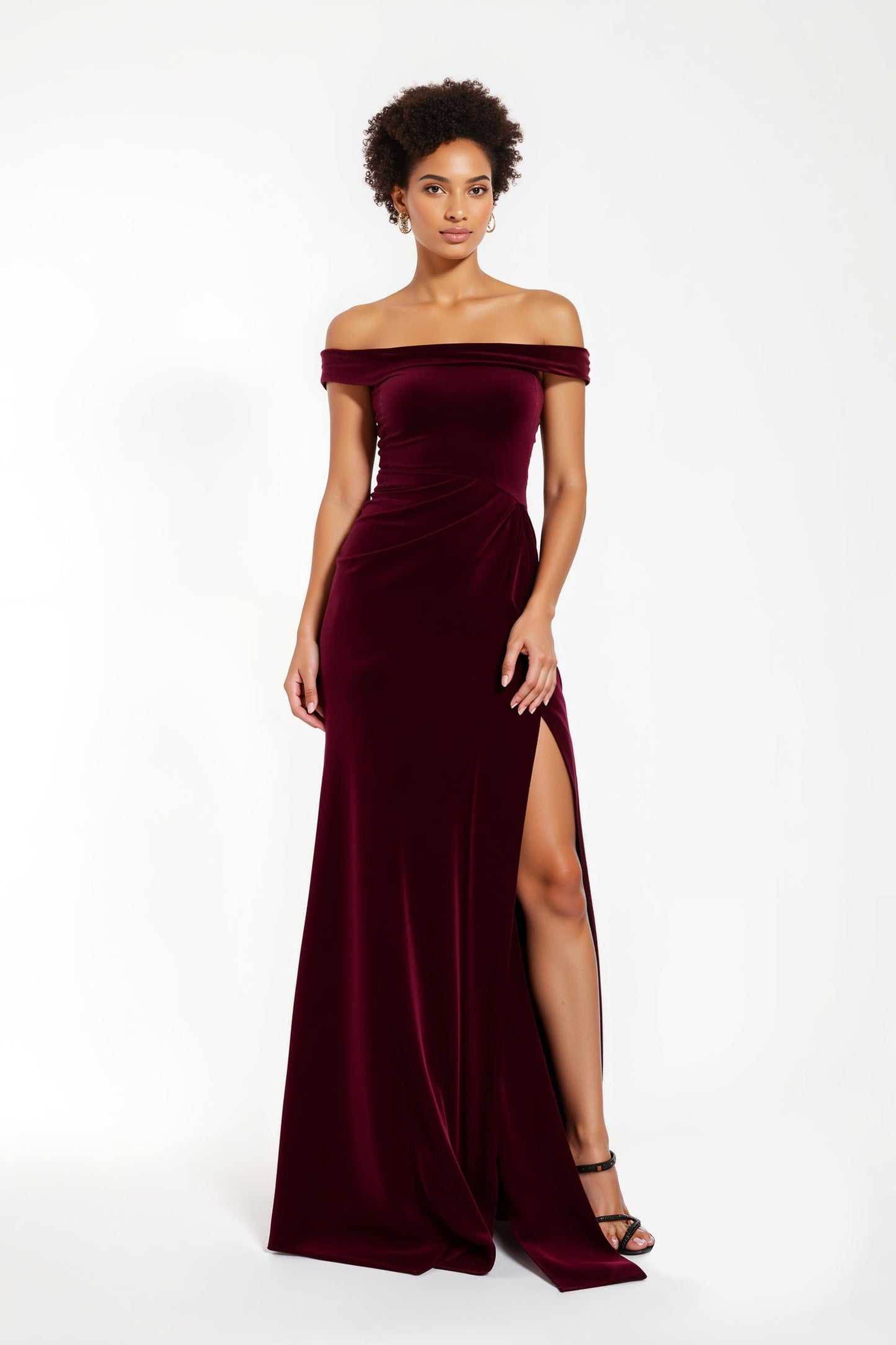 Burgundy Velvet Sheath Off The Shoulder Long Holiday Party Dress With Slit