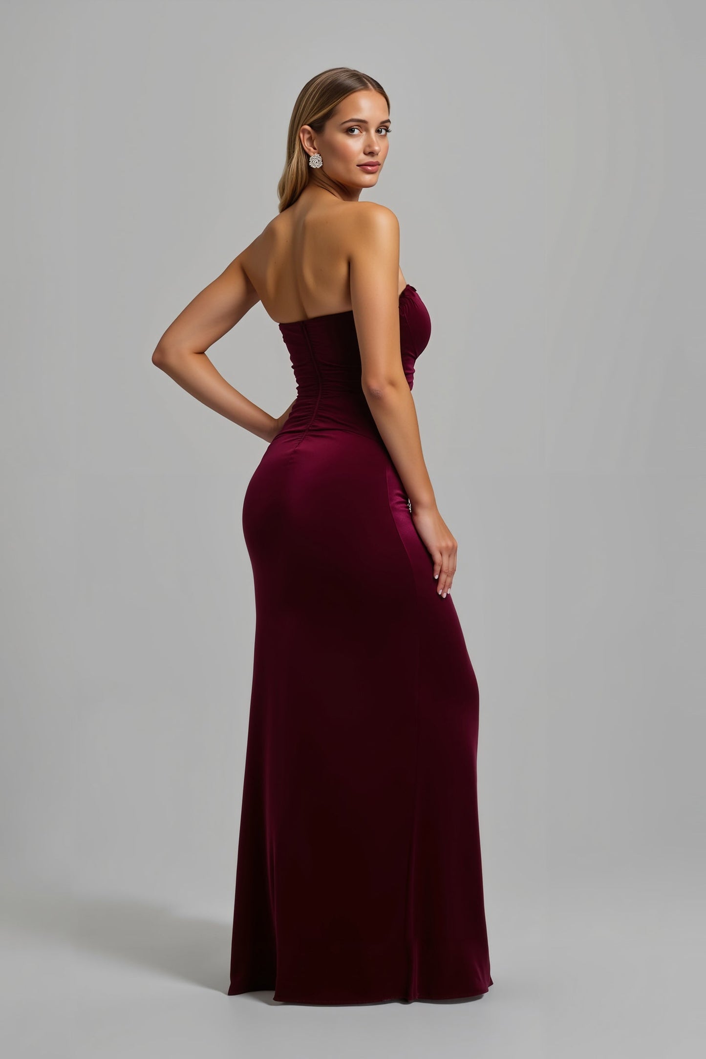 Strapless Burgundy Sheath Long Holiday Dress With Slit