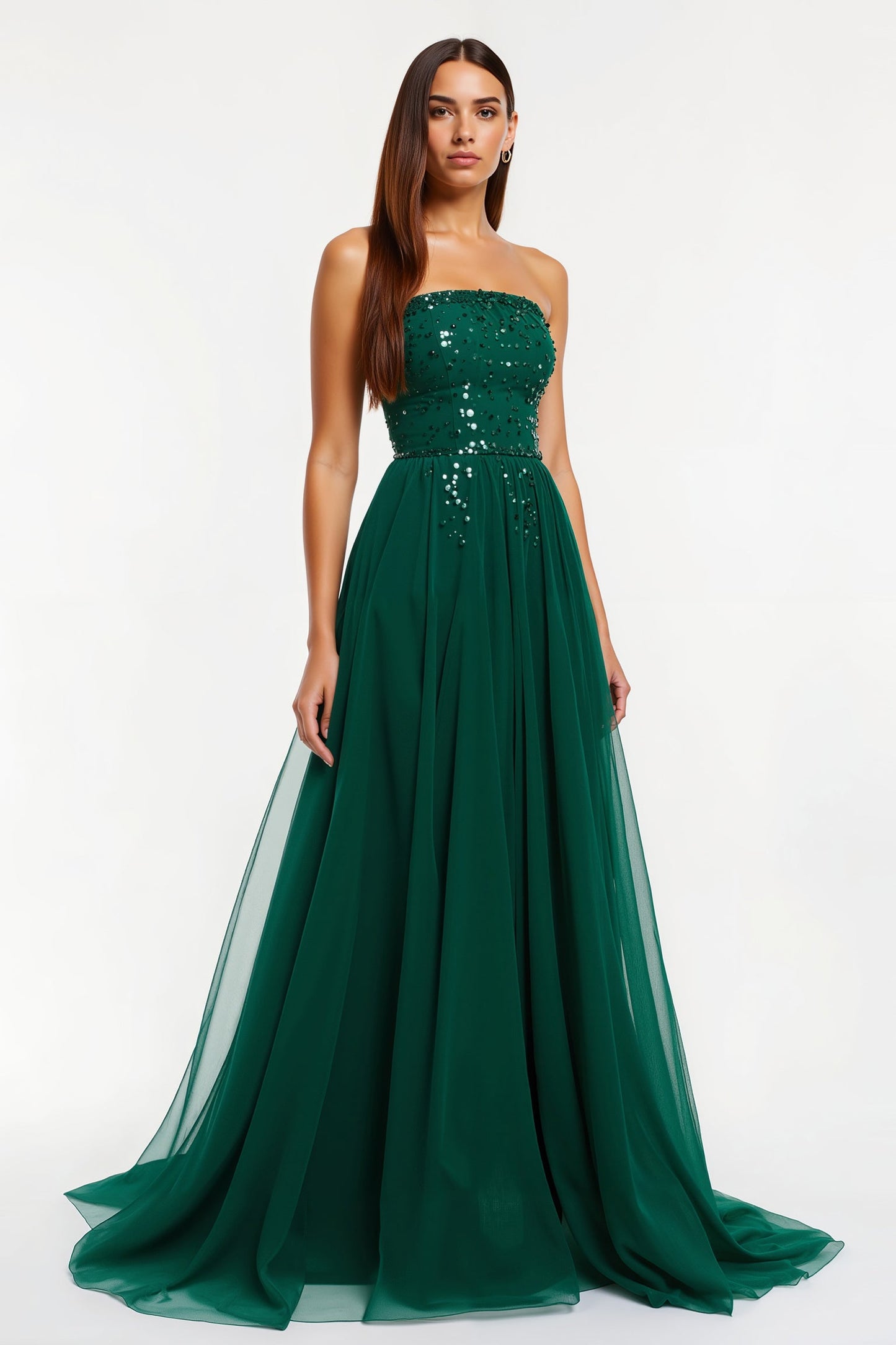 Dark Green Strapless A Line Sequin Long Holiday Dress
