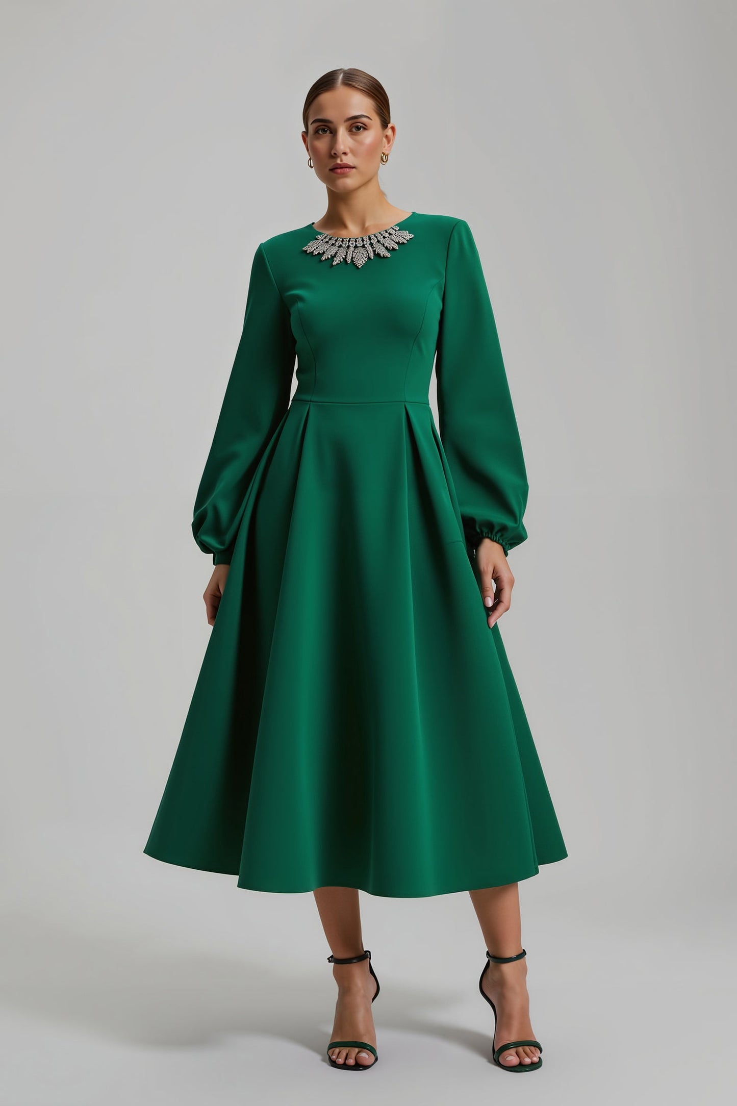 Dark Green A Line Long Sleeve Satin Beaded Holiday Dress