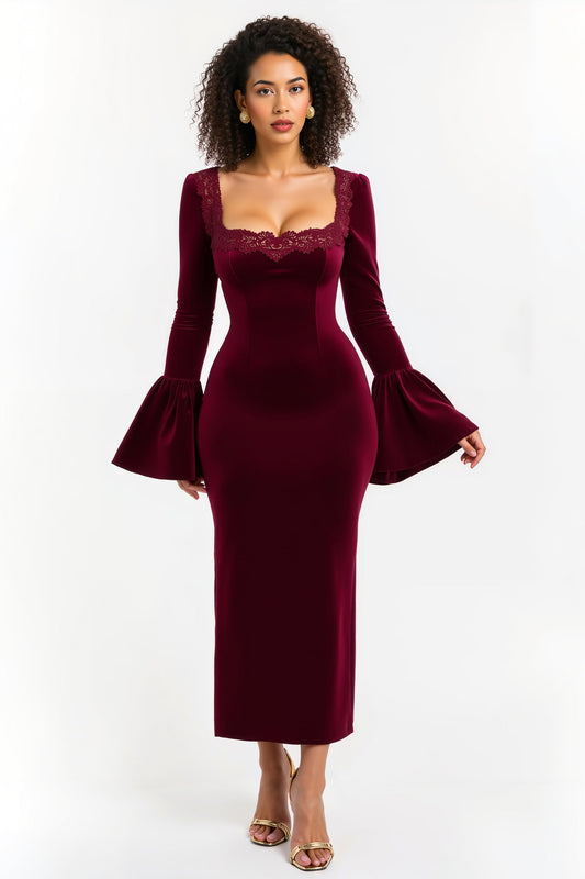Burgundy Square Neck Sheath Lace Long Holiday Dress