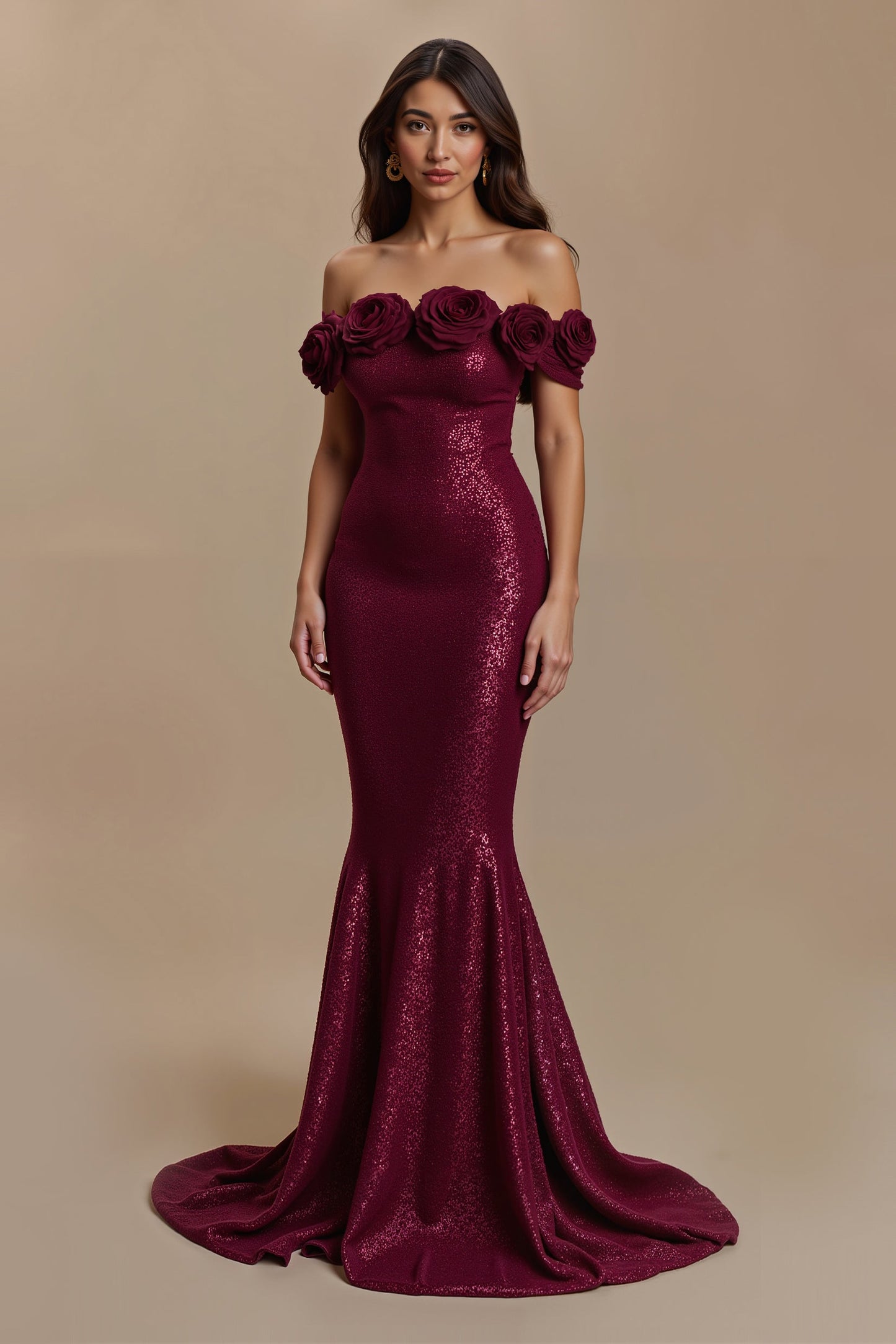 Burgundy Mermaid Off The Shoulder Holiday Dress with 3D Flowers