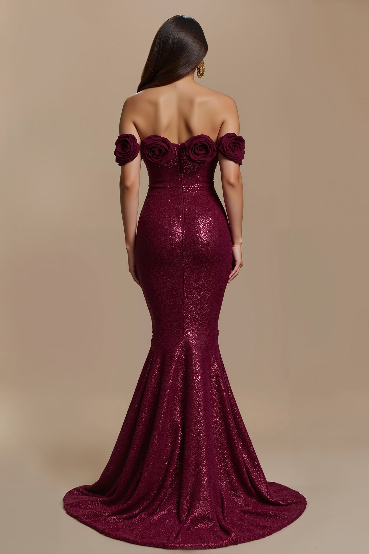 Burgundy Mermaid Off The Shoulder Holiday Dress with 3D Flowers