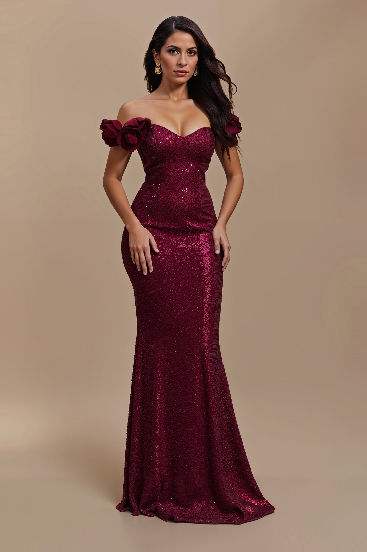 Burgundy Sequin Mermaid Off The Shoulder Holiday Dress