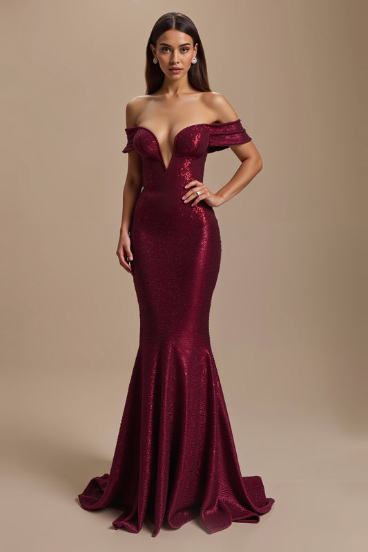 Burgundy Mermaid Off The Shoulder Sequin Holiday Dress