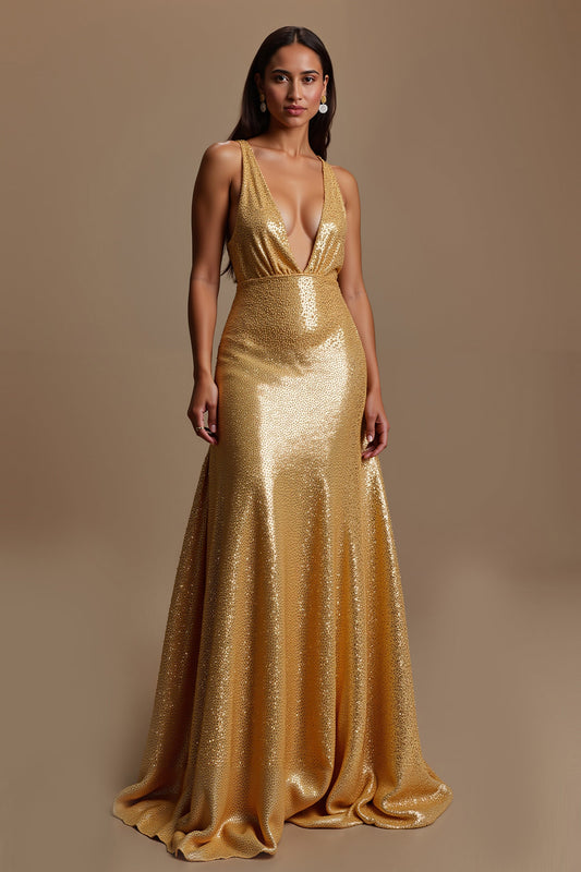 Sparkly Golden A Line V Neck Holiday Dress