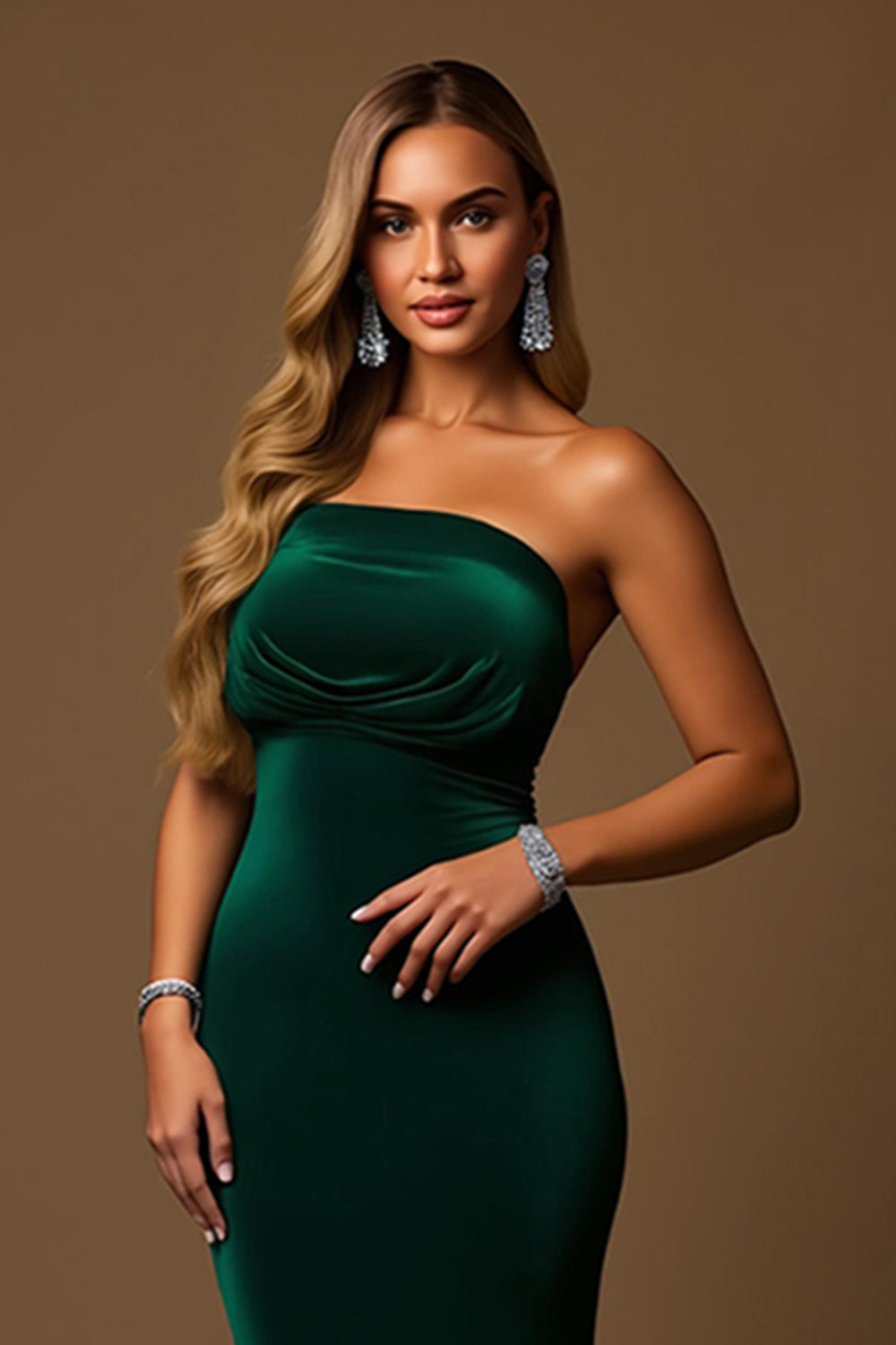 Dark Green Mermaid Tiered Strapless Long Holiday Party Dress