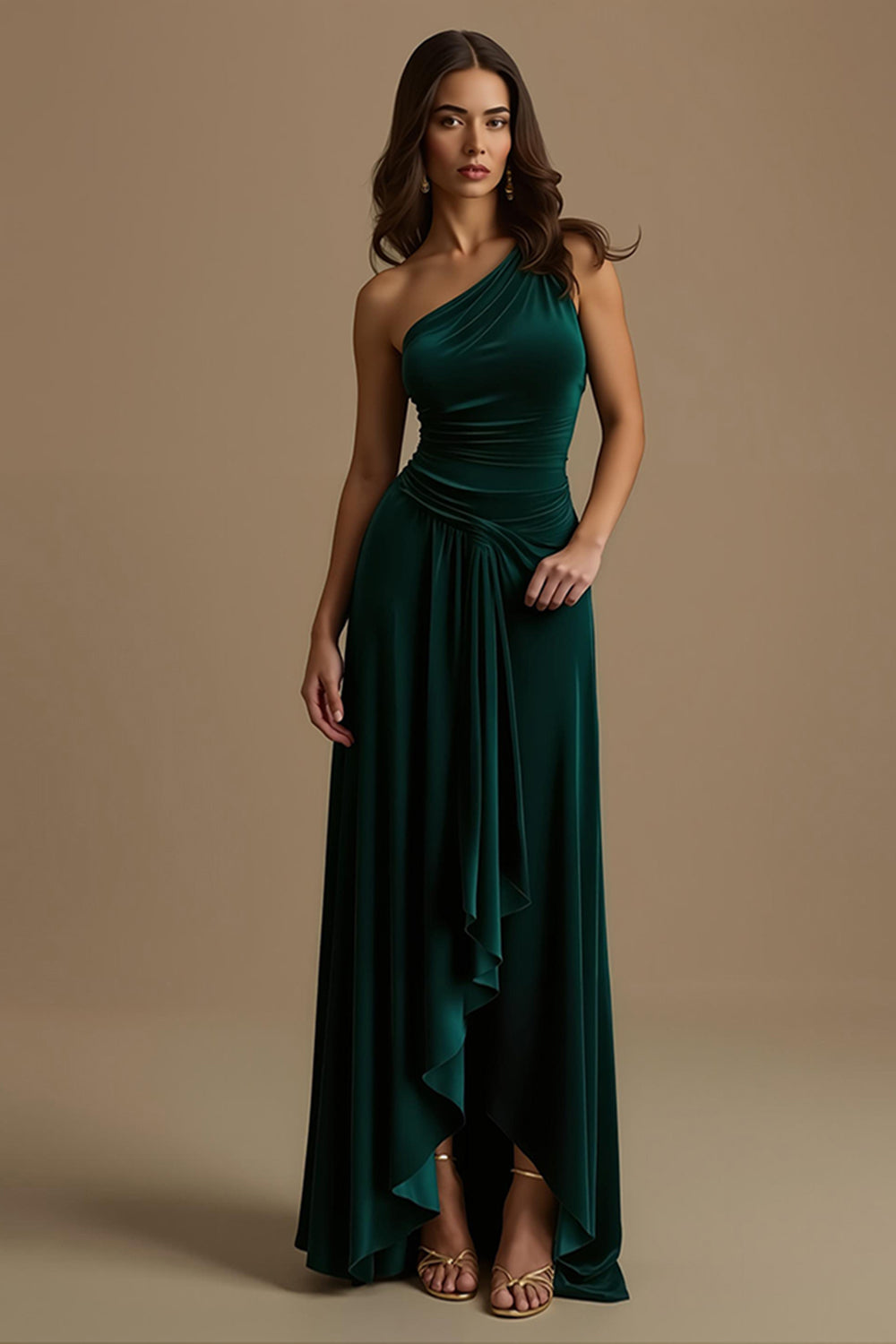 Dark Green One Shoulder High-Low Holiday Party Dress With Ruffles