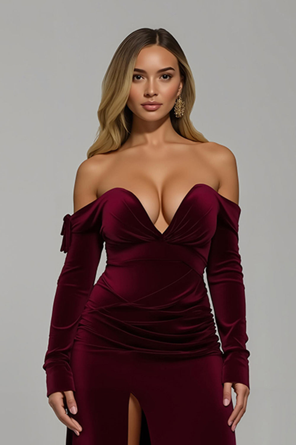 Burgundy Off The Shoulder Velvet Long Holiday Party Dress With Slit