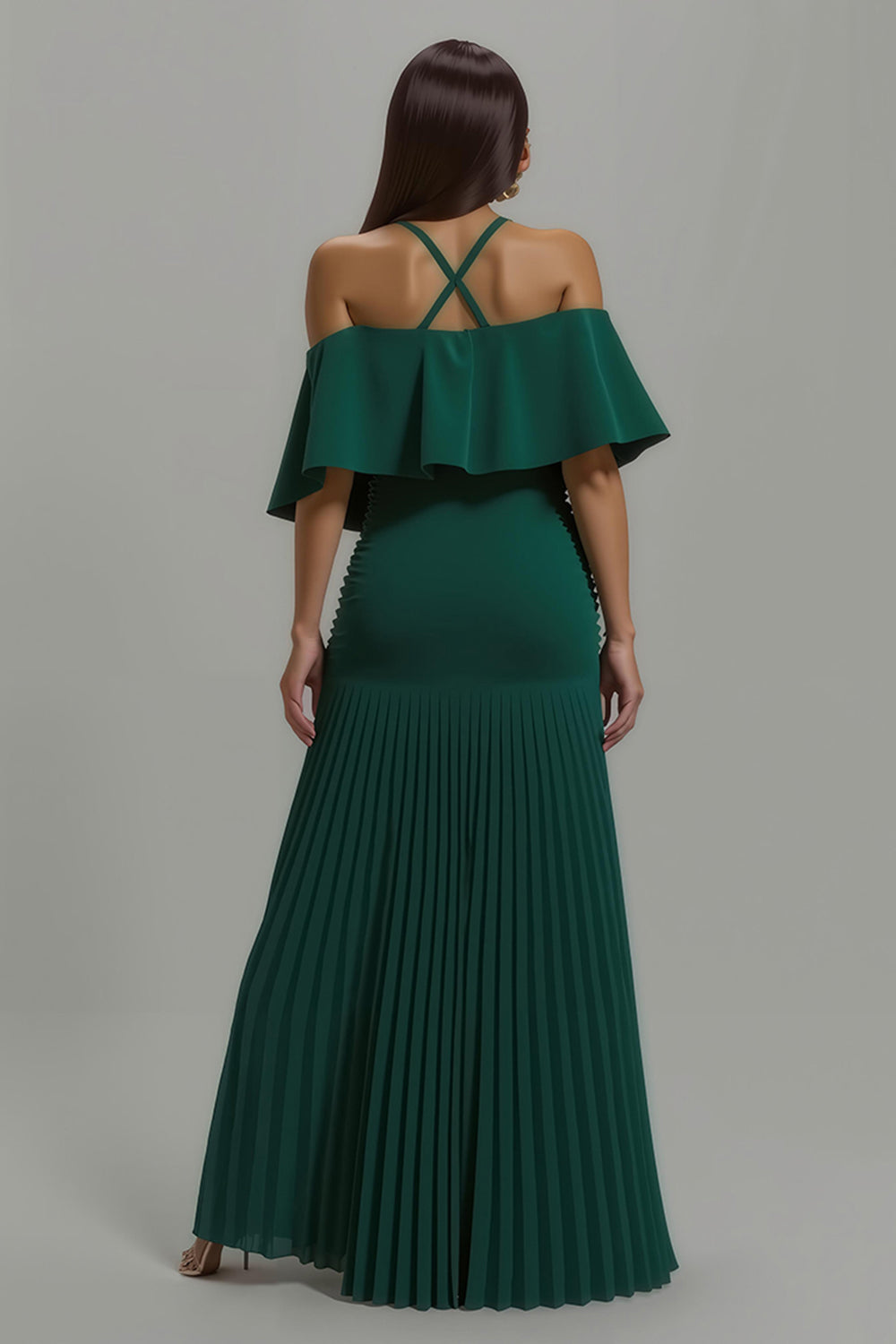 Dark Green Pleated Halter Long Holiday Party Dress With Ruffles
