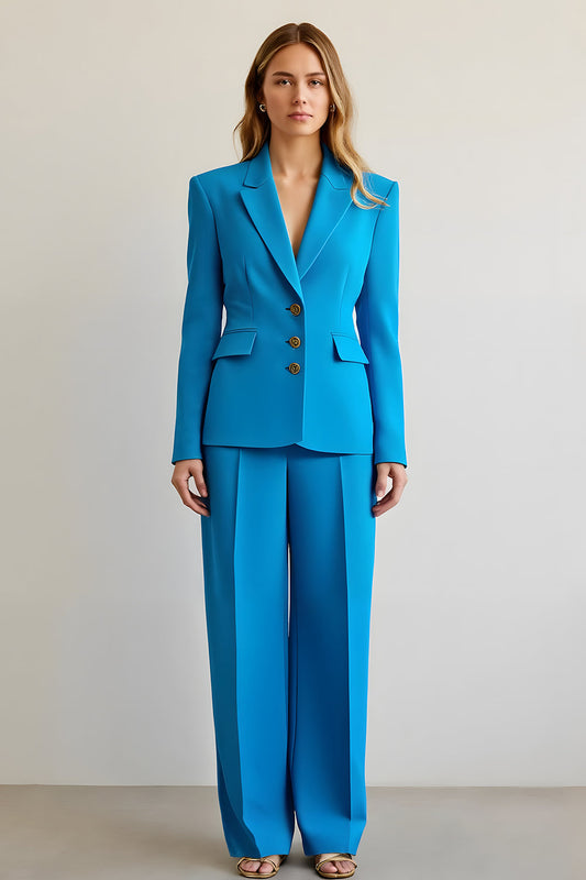 Blue 2 Piece Notched Lapel Satin Women Prom Suits