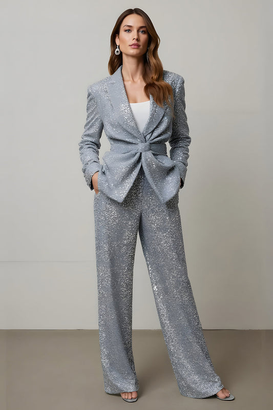 Sparkly Grey 2 Piece Sequins Women Prom Suits with Pockets