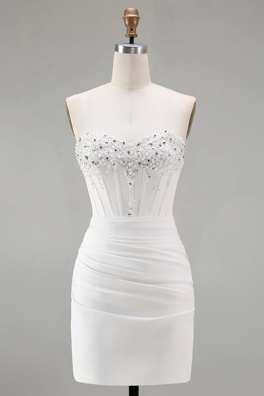 Strapless White Bodycon Corset Homecoming Dress With Beading