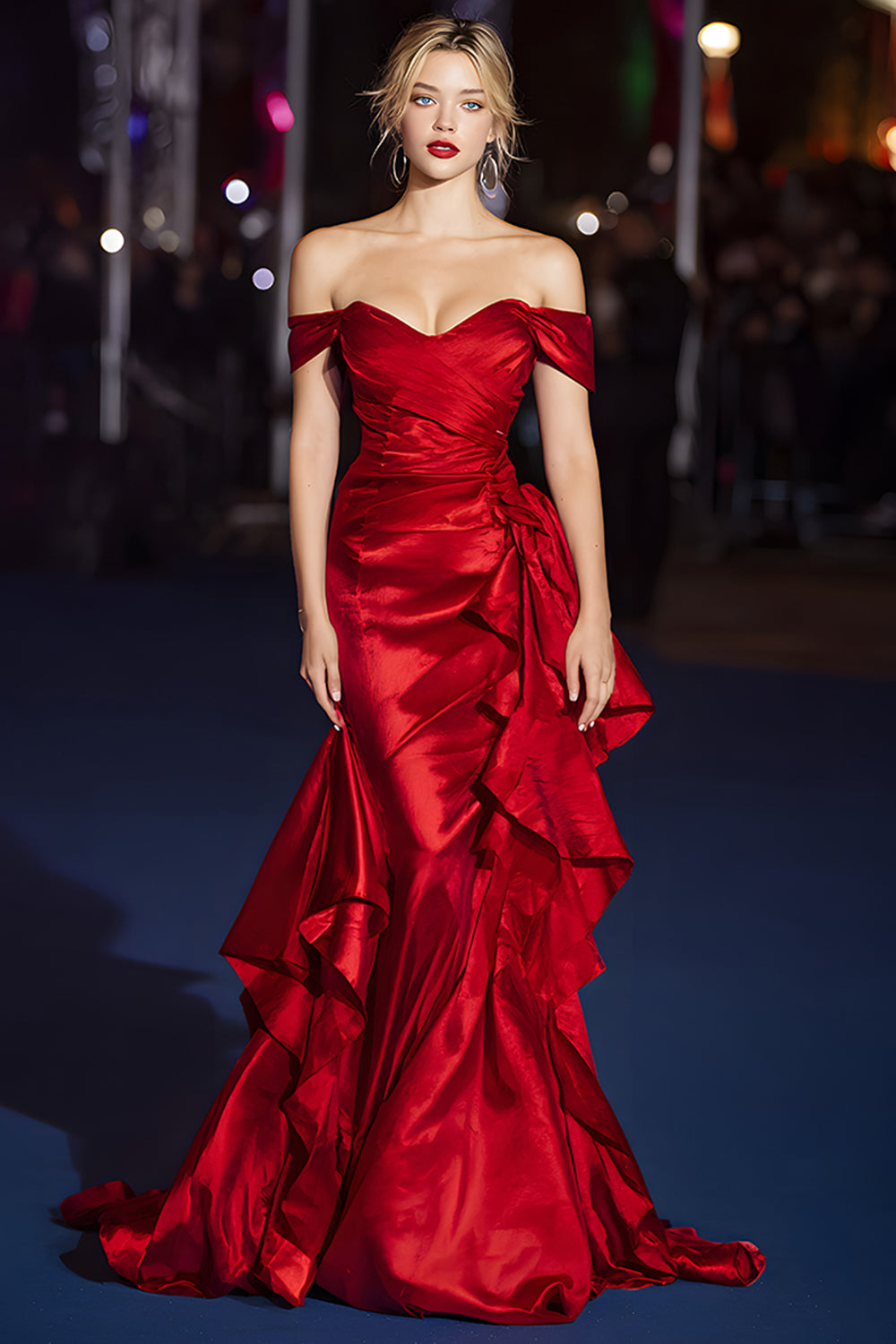 Dark Green Off the Shoulder Satin Ruched Mermaid Long Gala Dress with Ruffles