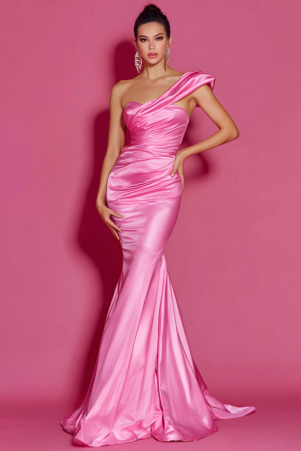 One Shoulder Hot Pink Mermaid Ruched Pageant Dress