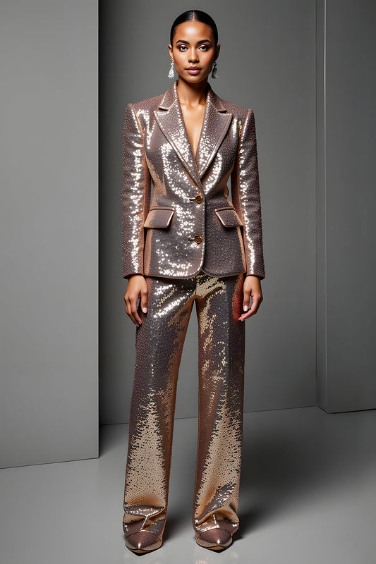 Rose Golden Peak Lapel 2 Piece Women Suits with Sleeve