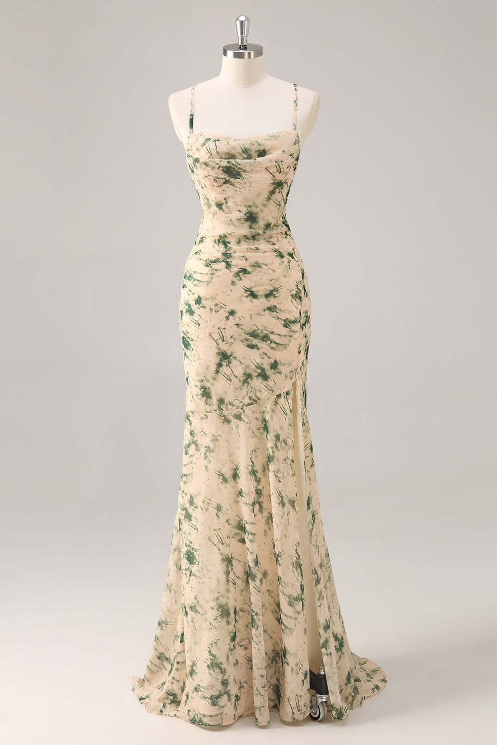 Champagne Floral Mermaid Printed Bridesmaid Dress with Slit