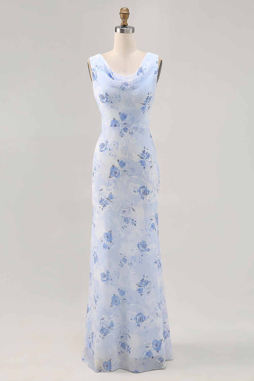 Blue Floral Sheath Cowl Neck Long Wedding Guest Dress