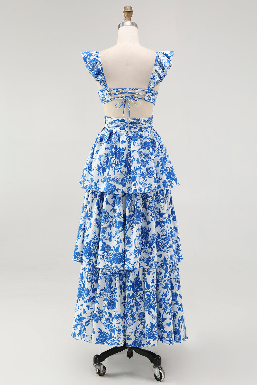 Blue Floral A Line Tiered V Neck Long Bridesmaid Dress