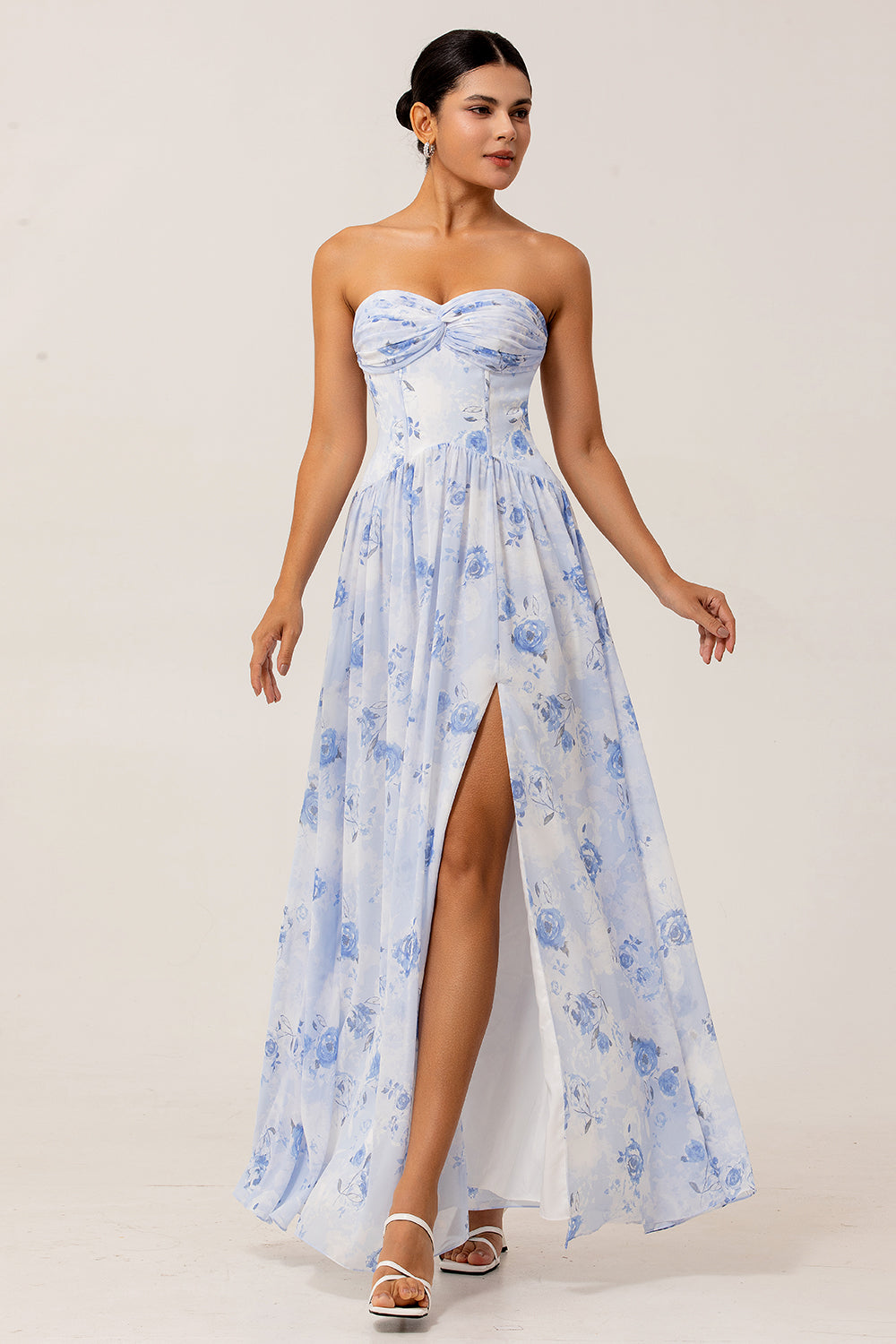 Blue Floral Strapless A Line Chiffon Long Bridesmaid Dress with Slit