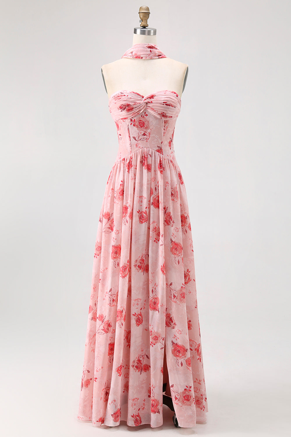 Blue Floral Strapless A Line Chiffon Long Bridesmaid Dress with Slit
