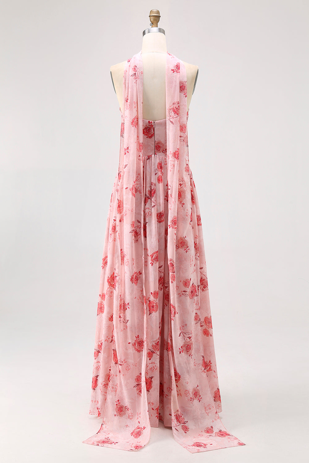 Blue Floral Strapless A Line Chiffon Long Bridesmaid Dress with Slit
