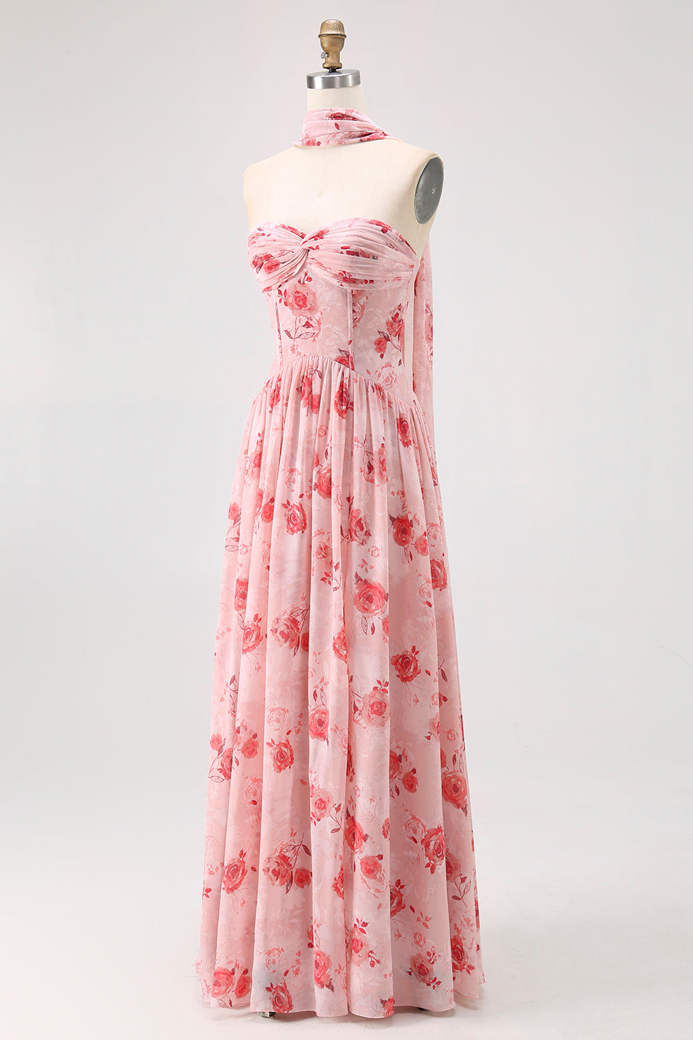 Blue Floral Strapless A Line Chiffon Long Bridesmaid Dress with Slit