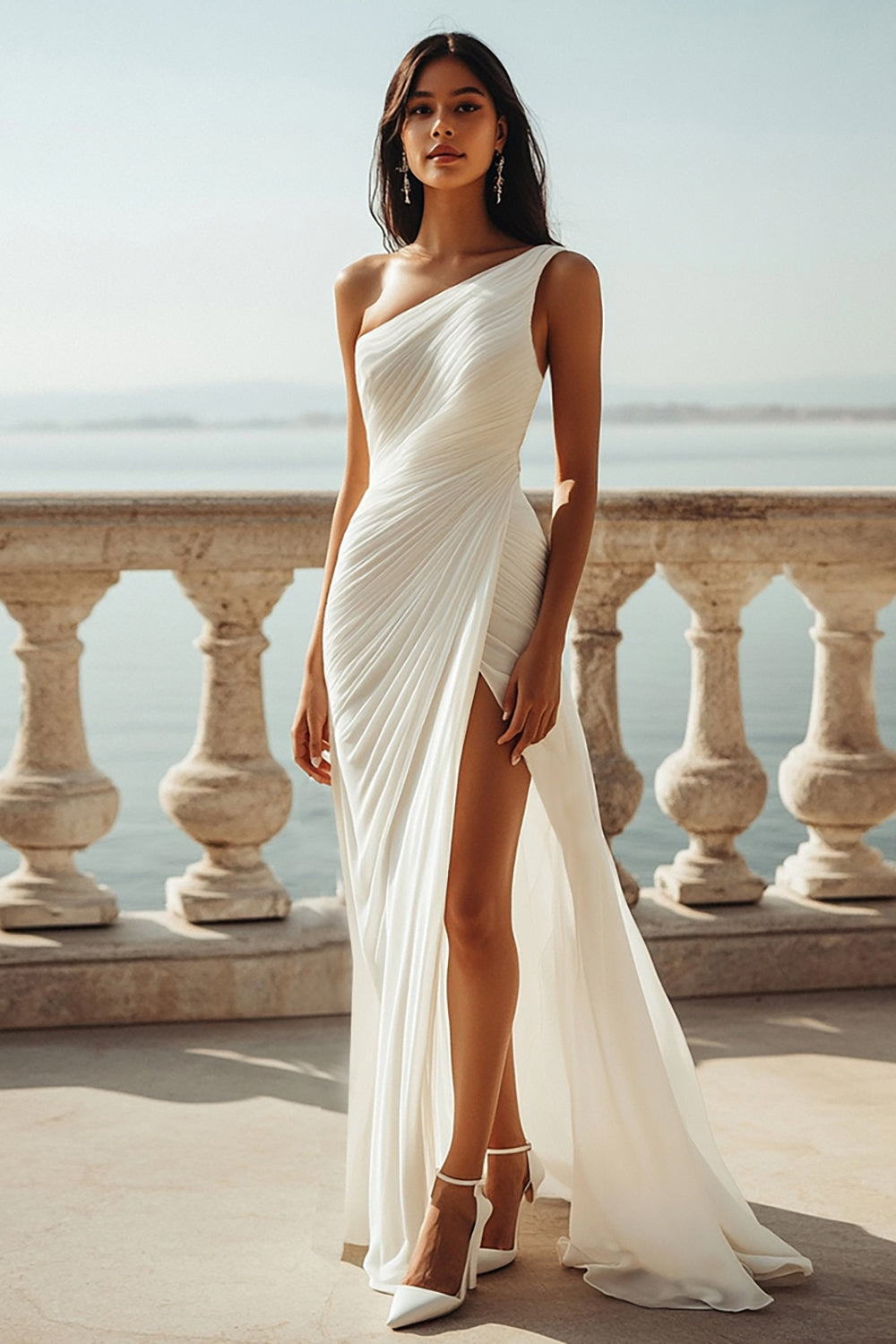 Ivory One Shoulder Long Sheath Beach Engagement Dress with Slit