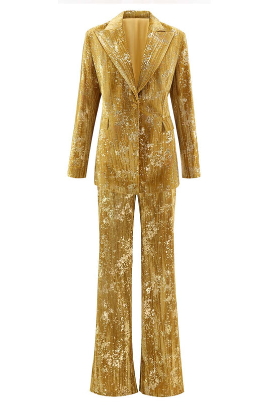 Sparkly Yellow Peak Lapel 2 Piece Women Prom Suits with Sleeves