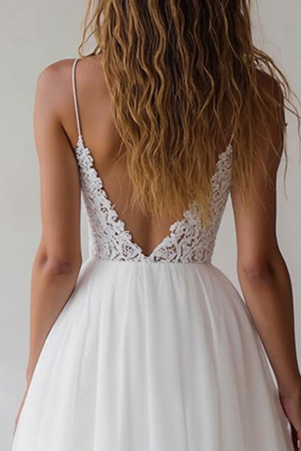 Lace A Line V Neck Long White Wedding Dress
