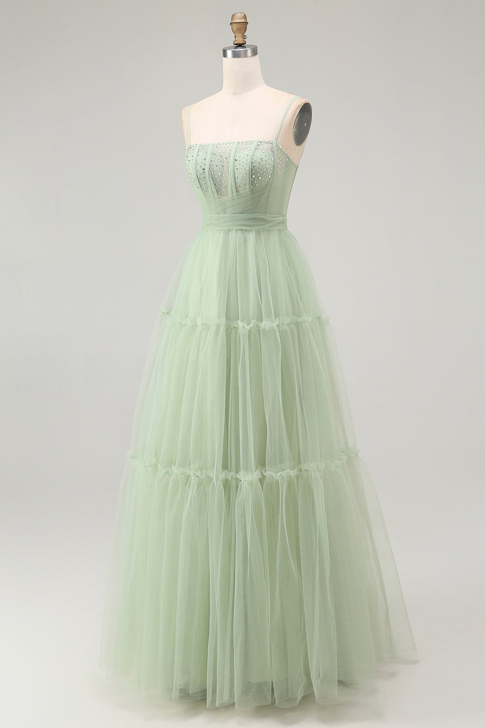 Green A Line Beaded Tulle Corset Long Prom Dress with Lace Up Back