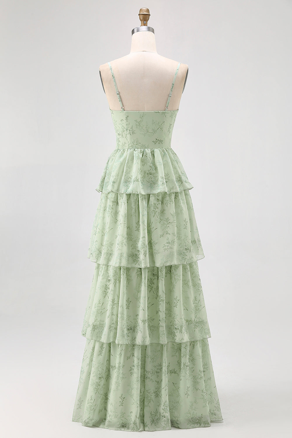 Dusty Sage A Line Corset Tiered Chiffon Long Bridesmaid Dress with Slit