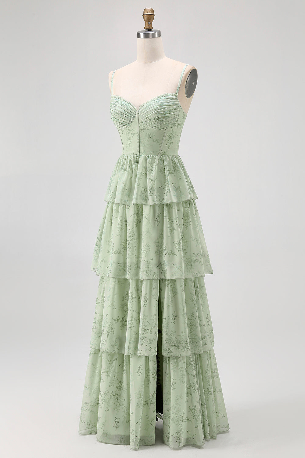 Dusty Sage A Line Corset Tiered Chiffon Long Bridesmaid Dress with Slit